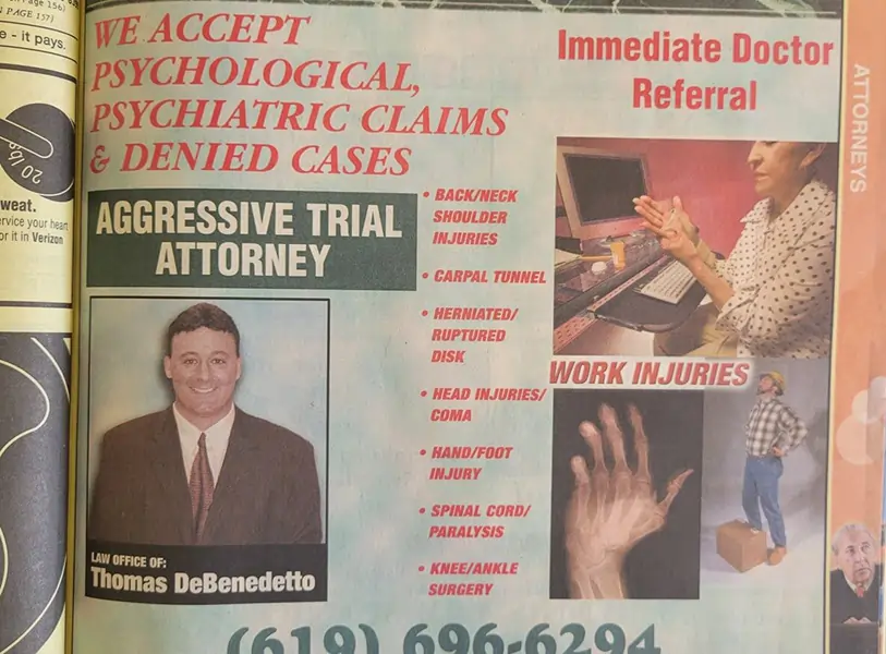 Work Injury Attorney - Thomas DeBenedetto - 1992 Yellow Pages