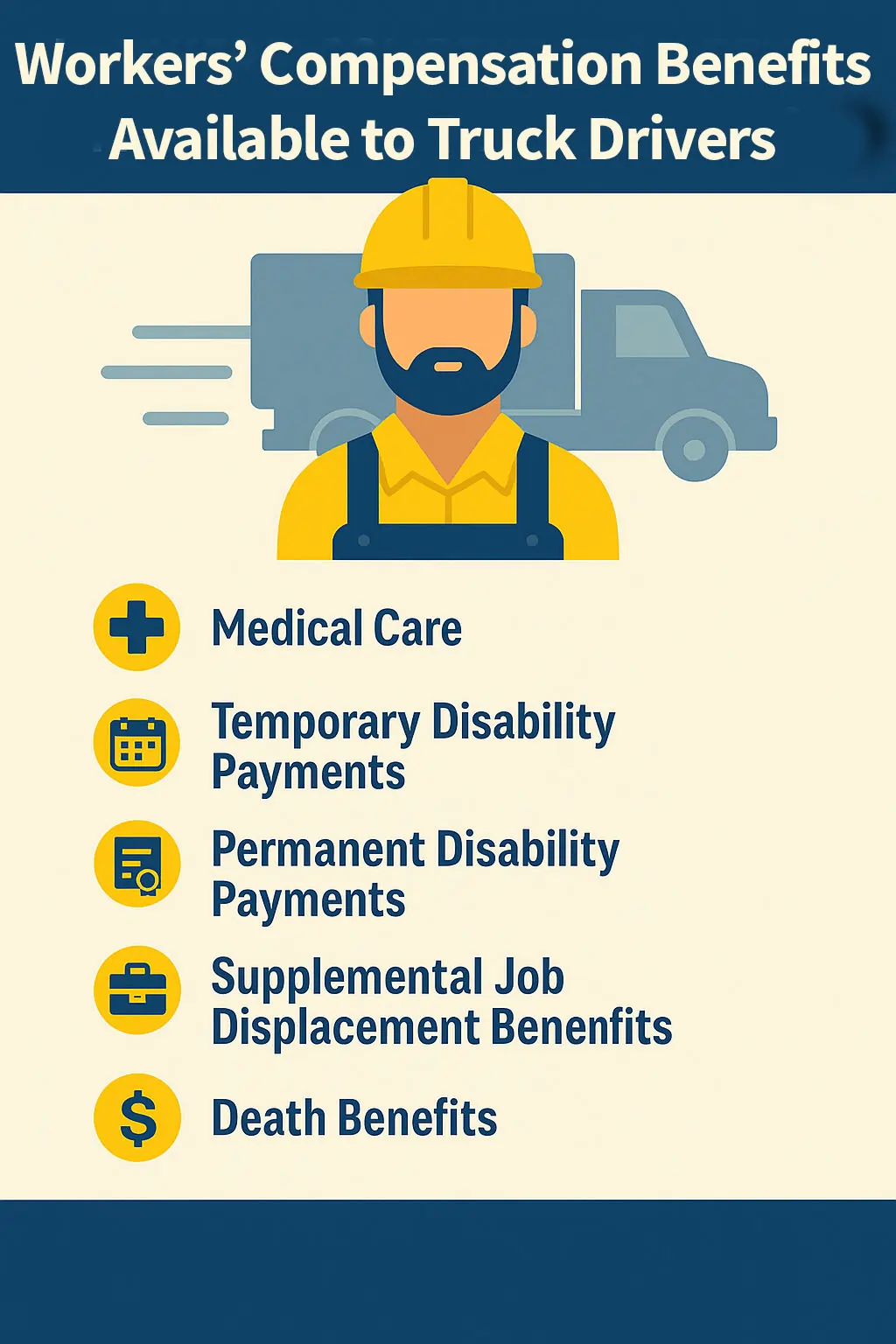 Infographic listing workers’ comp benefits available to truck drivers, including medical care, temporary disability, permanent disability, job displacement benefits, and death benefits.