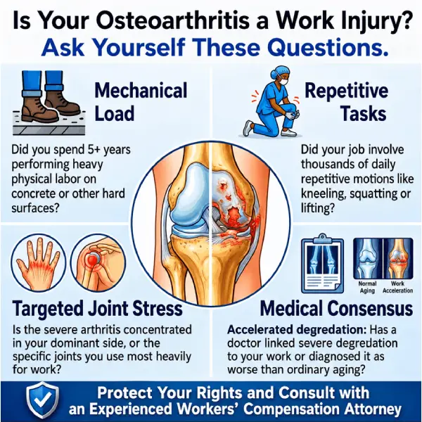 2026 San Diego Work Injury Audit infographic for osteoarthritis showing SB 294 leverage and $1,764.11 TTD maximum rate.