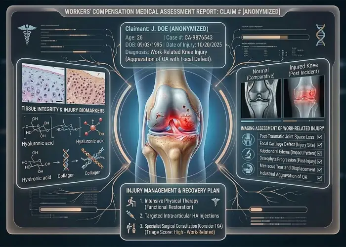 Workers' compensation medical assessment report showing work-related osteoarthritis aggravation, validated in San Diego for 2026.